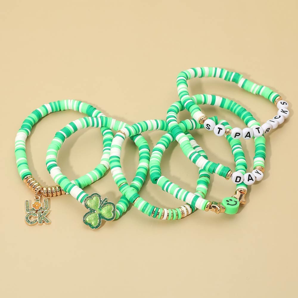 Women's 6 Pcs Luck Smile Clover St Patrick's Day Heishi Beaded Stretch Bracelets