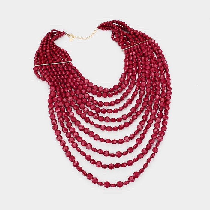 2pcs Bold Maroon Multi Strand Beaded Statement Necklace & Drop Earring Set