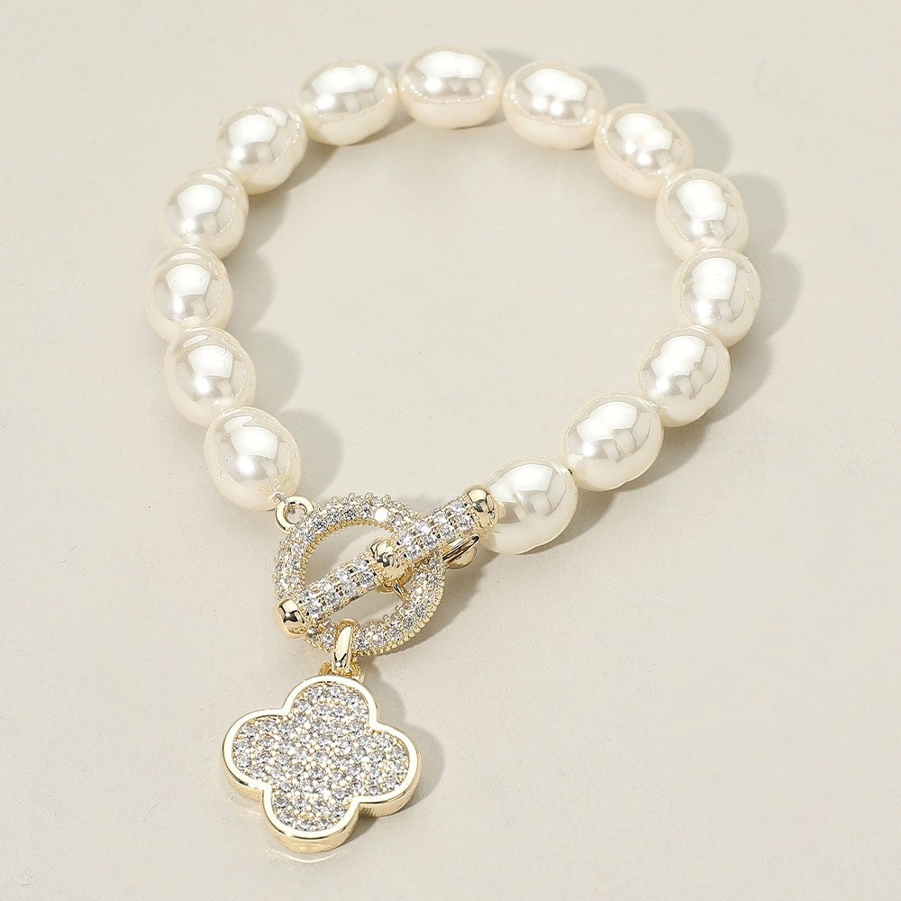 Crystal Clover Pearl Toggle Bracelet - Gold Pave Flower Charm Bridal Jewelry