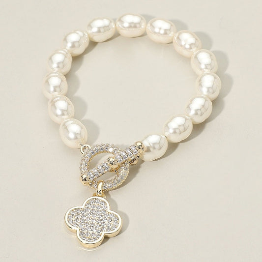 Crystal Clover Pearl Toggle Bracelet - Gold Pave Flower Charm Bridal Jewelry