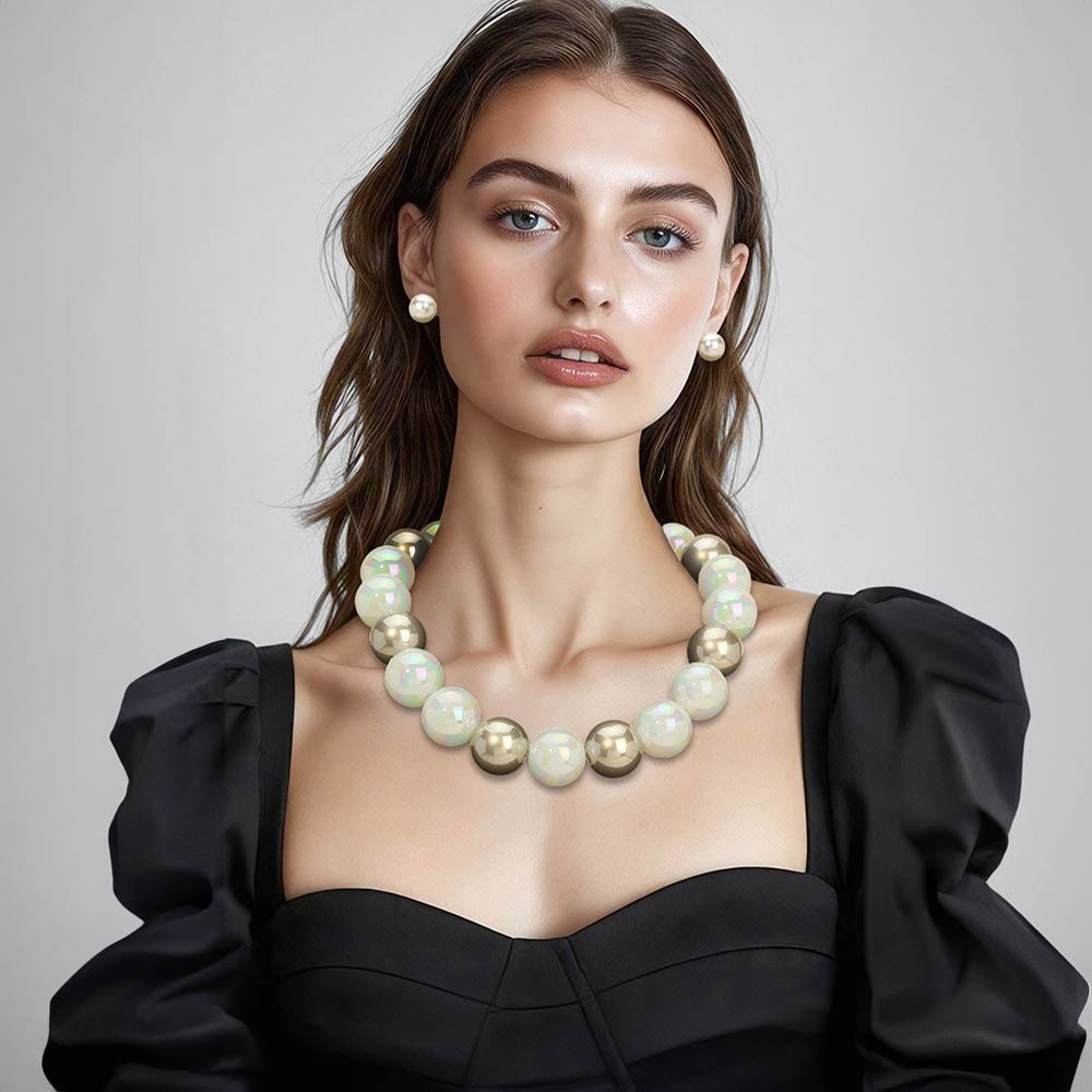 Chunky Brown White Ball Beaded Statement Necklace with Matching Stud Earrings