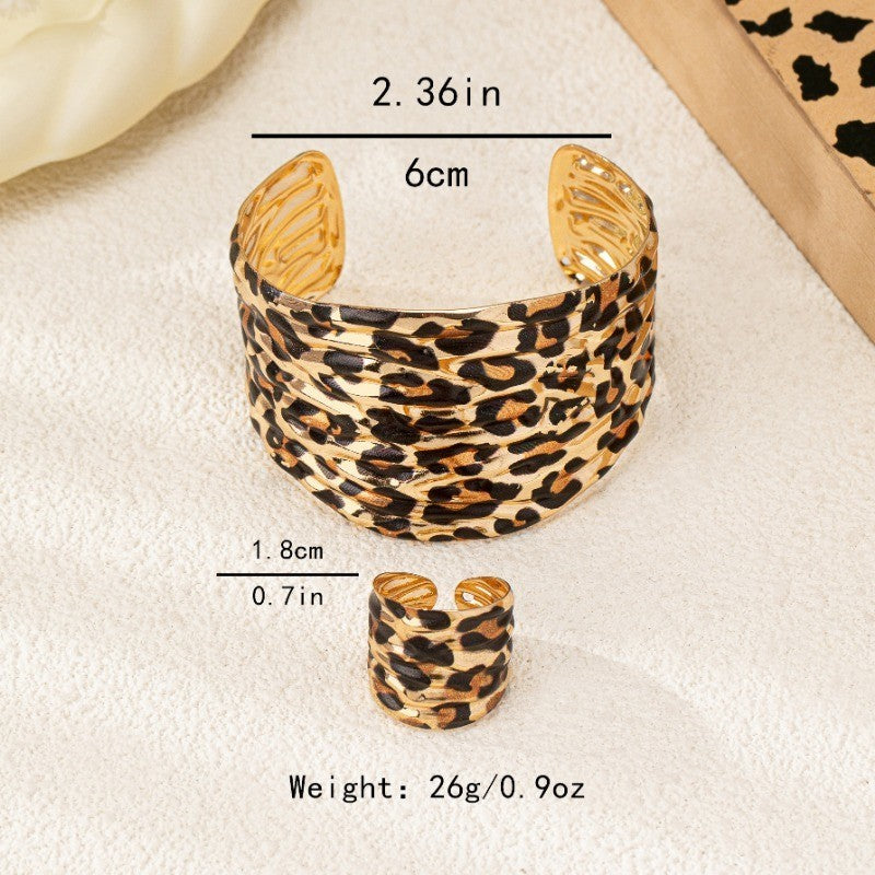 Gold Leopard Print Cuff Bracelet & Ring Set Boho Statement Jewelry