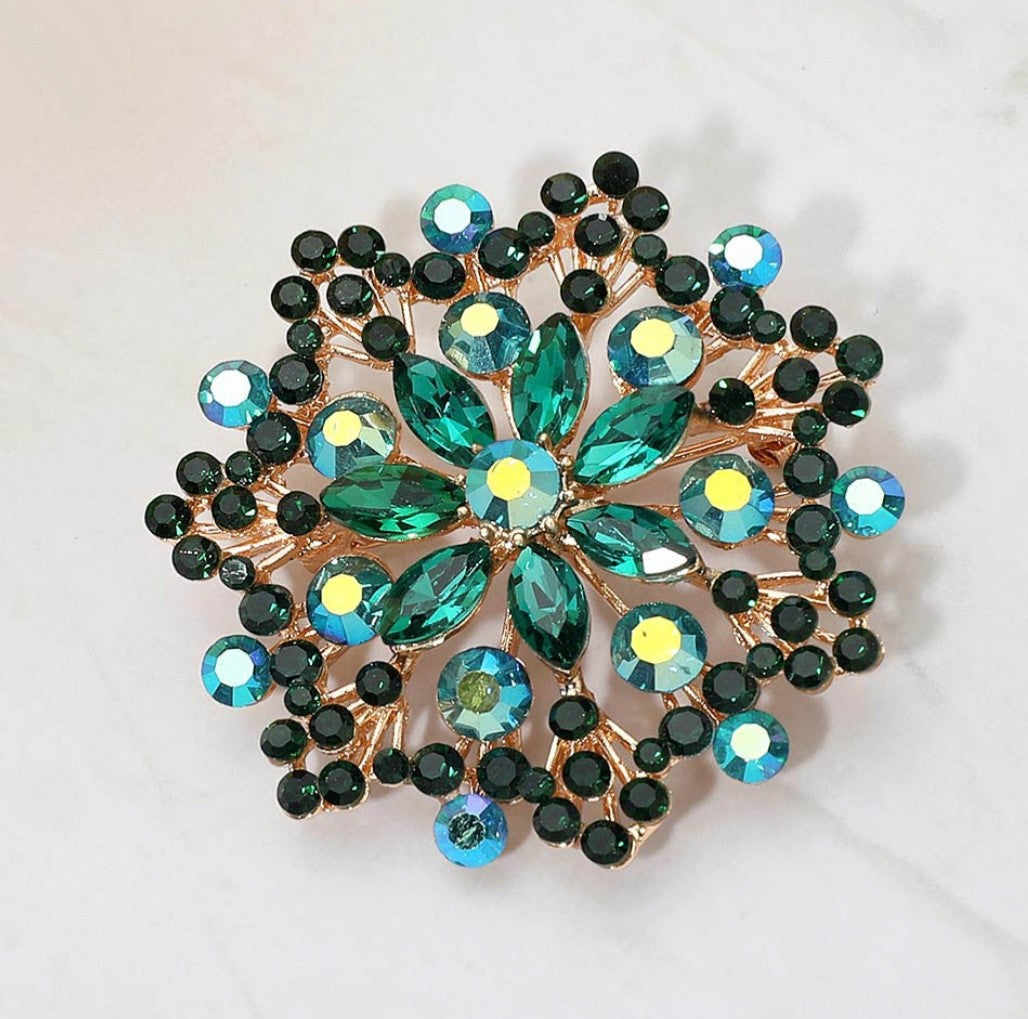 2pcs Vintage Crystal Flower Star Brooches Green Emerald & Jet Black