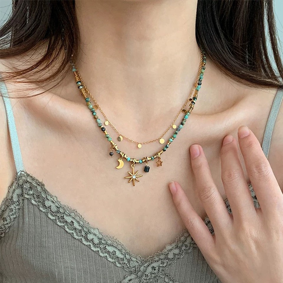 2PCS Gold Celestial Beaded Layered Necklace Set Star Moon Choker Charm Gift