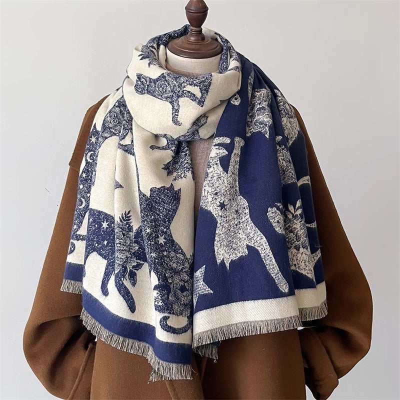 New Reversible Cat Print Shawl Scarf Cashmere Feel Polyester Navy Cream