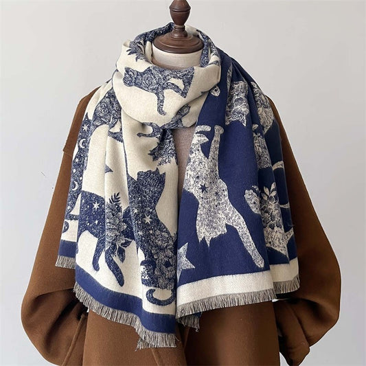 New Reversible Cat Print Shawl Scarf Cashmere Feel Polyester Navy Cream
