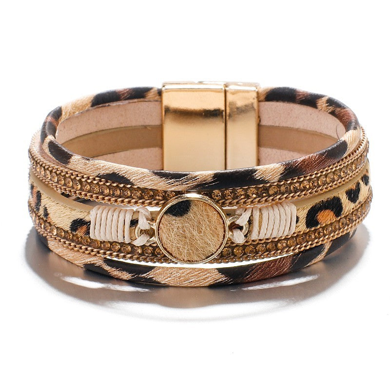 Gold Plated Magnetic Clasp Leopard Print Multi-layer Leather Cuff Bracelet Gift