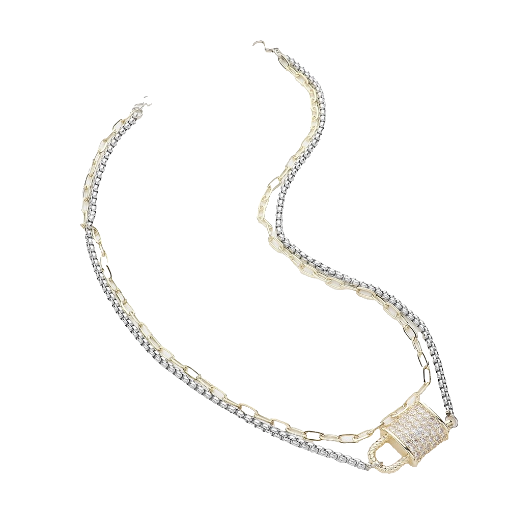 Gold and Silver Two Tone Layered Padlock Necklace with Pave Crystal Pendant