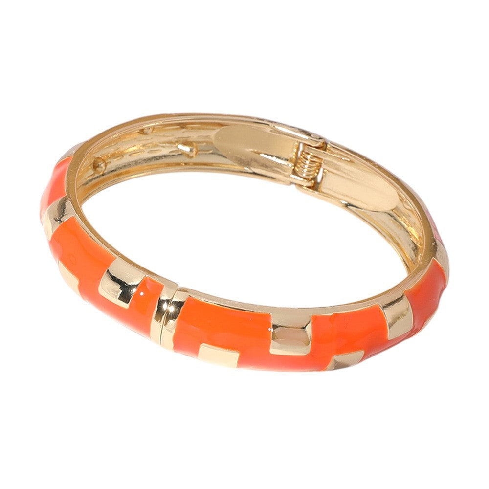 Gold Plated Colorful Enamel Geometric Pattern Hinged Bangle Bracelet for Women