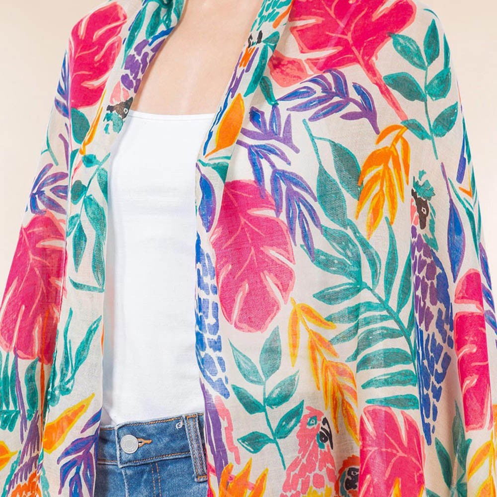 Lightweight Tropical Leaf Floral Tassel Scarf Vibrant Summer Wrap for Women