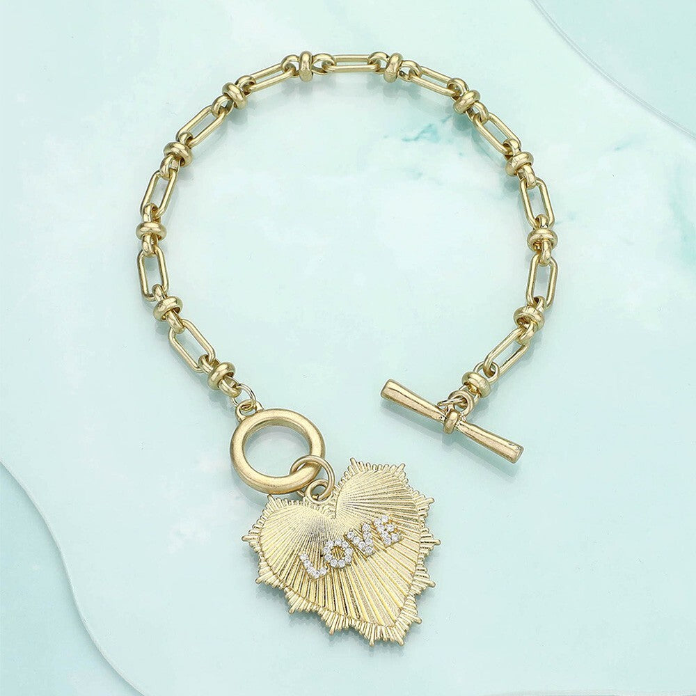 Chunky Chain Love Heart Bracelet Textured Metal Jewelry Gift Idea for Women