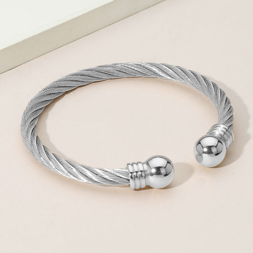 Stainless Steel Cable Cuff Bracelet with Polished Ball Tips Unisex Jewelry