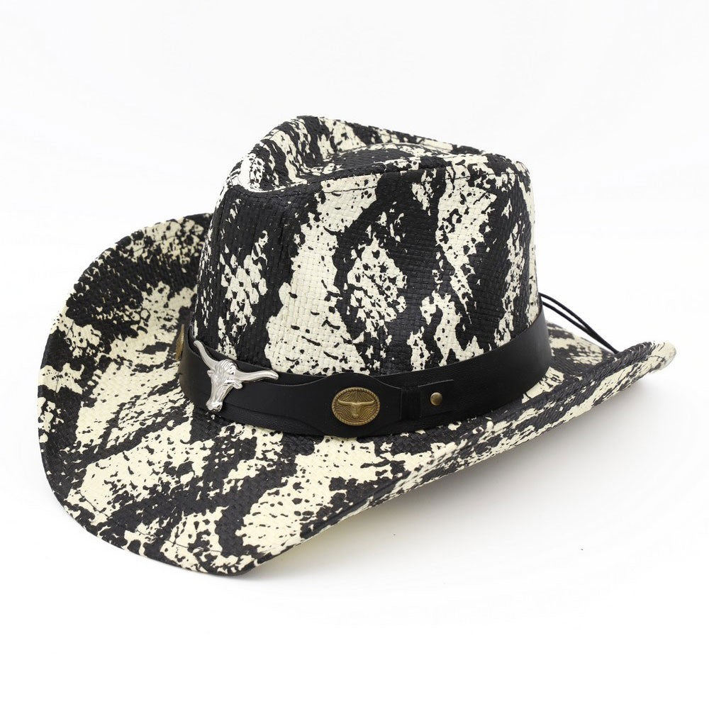 Women's One Size Steer Head Accent Snake Print Classic Western Cowboy Hat Ivory