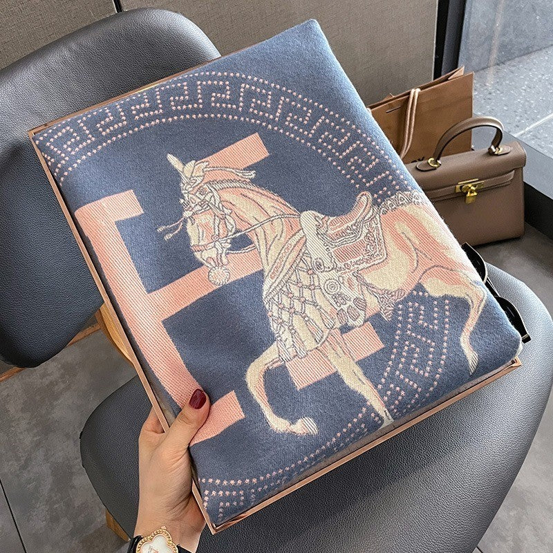 Oversized Cashmere Feel Scarf Polyester Horse Print Wrap Shawl