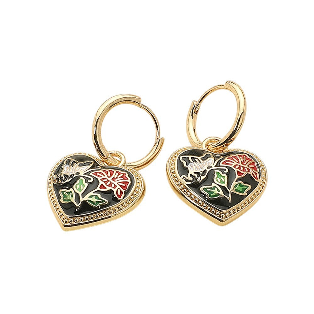 Gold Tone Butterfly Flower Enamel Detailed Heart Dangle Earrings w/ Huggie Back