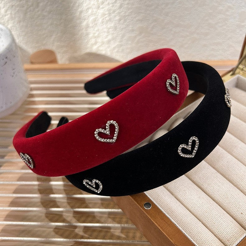 2pcs Red Black Heart Padded Headband Set Velvet Rhinestone Hair Accessory Women