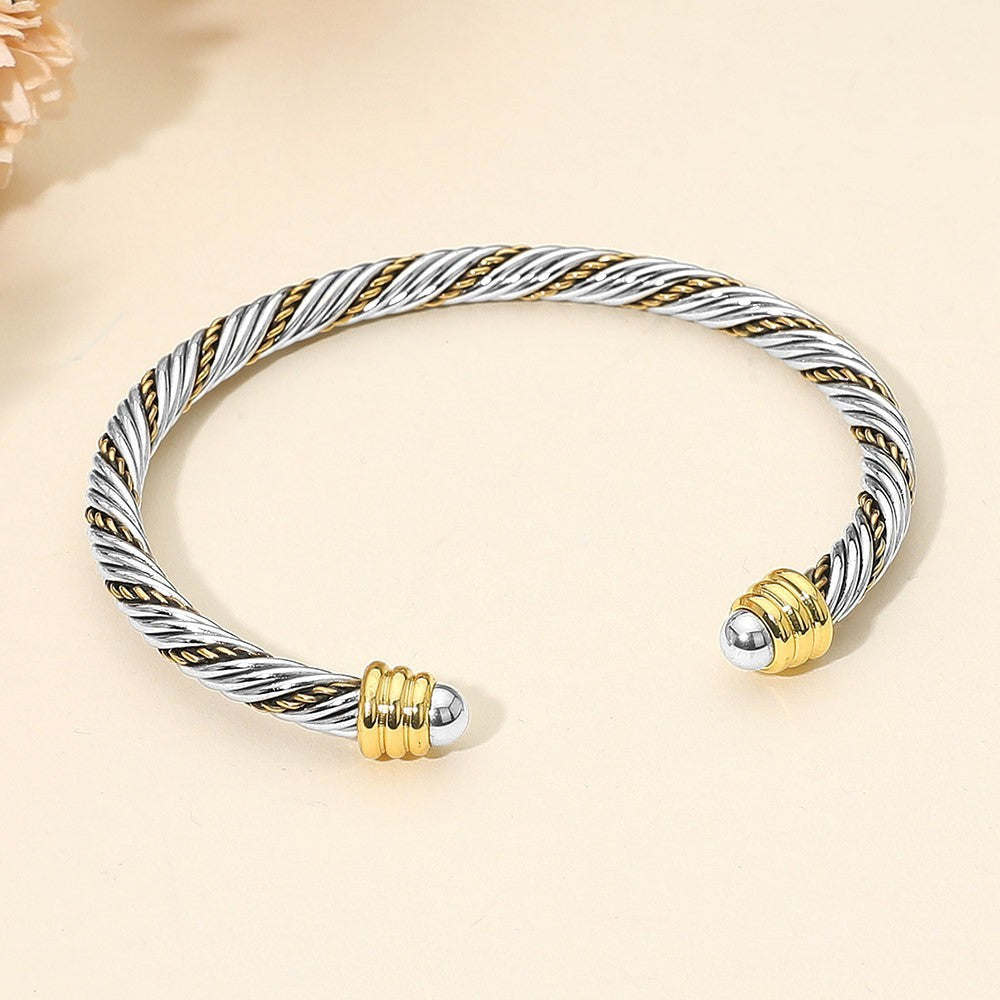 2pcs Two-Tone Cable Cuff Bracelets Set Stainless Steel Twisted Bangle Adjustable