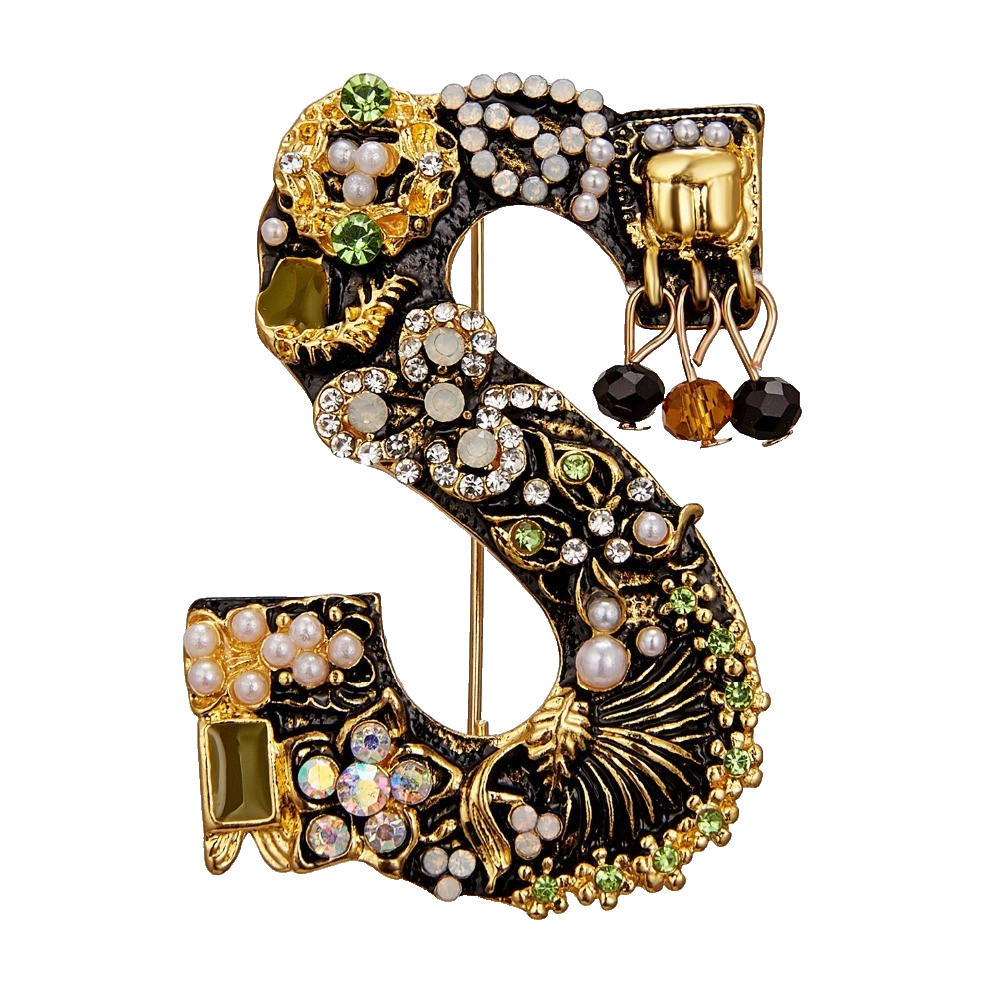 Vintage Initial S Brooch Crystal Pearl Letter S Pin Gold Tone Fashion Jewelry