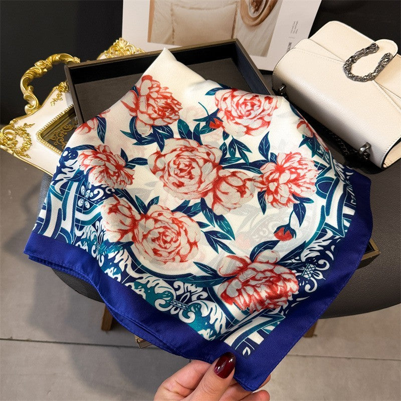 Elegant Floral Square Scarf White Red Rose Blue Baroque Satin Neckerchief Bandan