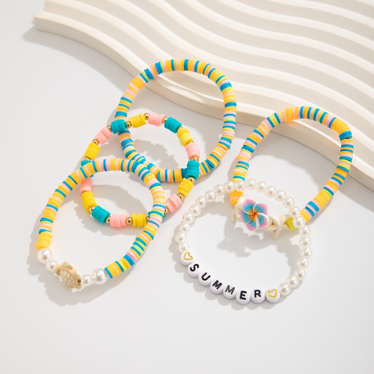 Summer Themed Beaded Bracelet Set with Turtle, Starfish & Floral Accents