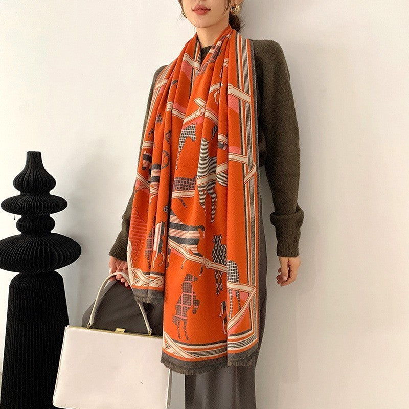 Oversized Orange Grey Horse Print Shawl Wrap Cashmere Feel Scarf Equestrian Chic
