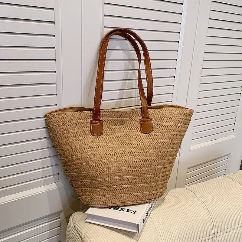 Women’s Medium Capacity Paper Woven Shoulder Bag Summer Basket Handbag Brown