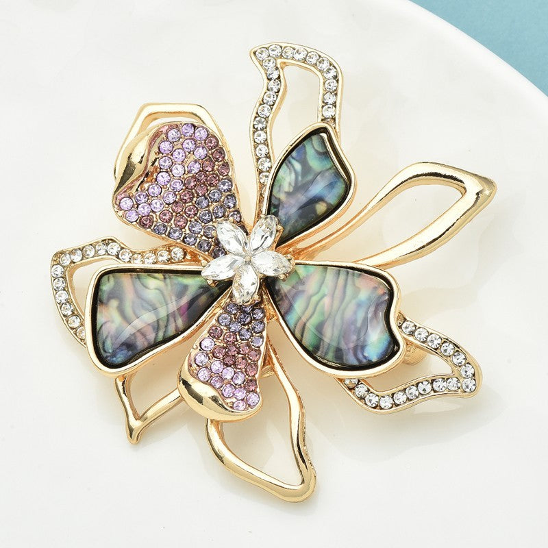 Gold Tone Abalone Shell Pin Purple Crystal Rhinestone Flower Brooch 2.3in