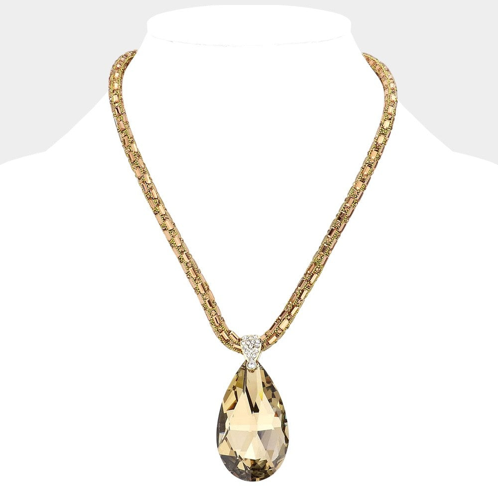 Statement Champagne Crystal Teardrop Necklace Formal Elegant Gala Jewelry