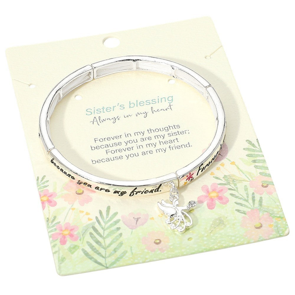 Sister Blessing Angel Charm Stretch Bangle Bracelet Gift for Friend Sister
