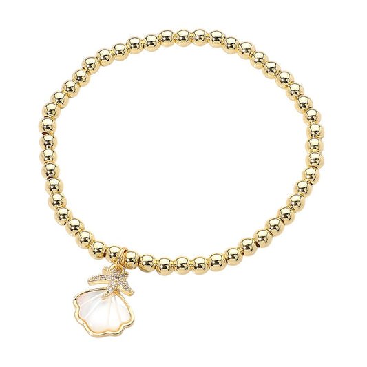 2-Piece Mother of Pearl Starfish Charm Beaded Stretch Bracelet Set Gold & Silver