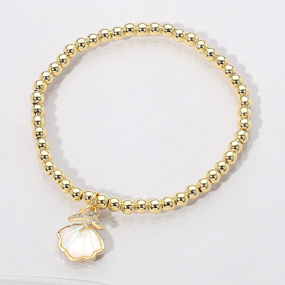 2-Piece Mother of Pearl Starfish Charm Beaded Stretch Bracelet Set Gold & Silver