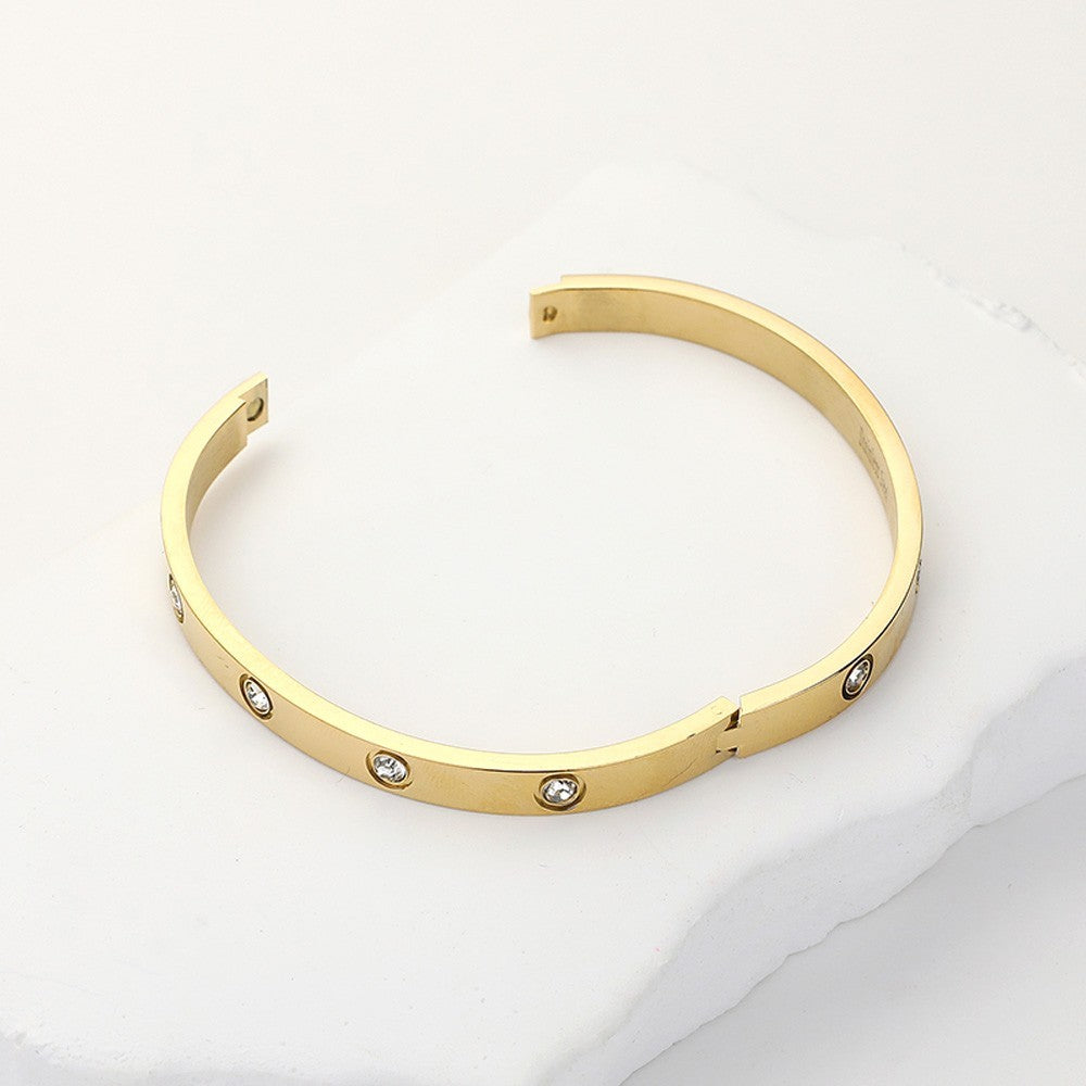 2PC Stainless Steel Bangle Bracelet Set Silver & Gold Tone Crystal Hinged Cuff