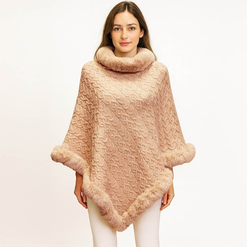 Blush Pink Textured Faux Fur Trim Cape Poncho Warm Winter Wrap Shawl for Women