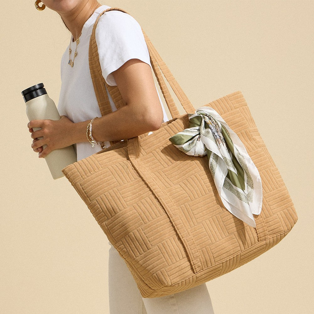 Oversized Tan Quilted Tote Bag Plush Basketweave Shoulder Beach Travel Gym