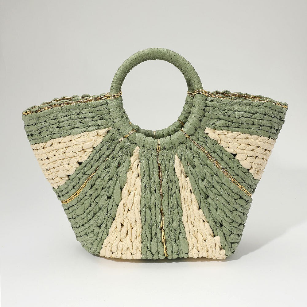 Green and Beige Woven Raffia Tote Bag for Women Round Handle Straw Handbag