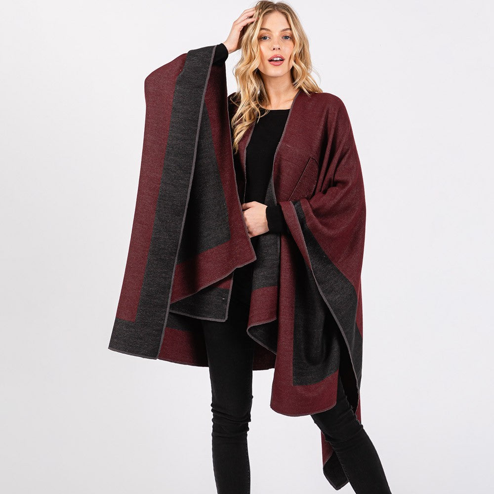 Two Tone Ruana Poncho Shawl Women’s Pull Through Layered Cape Wrap Polyester