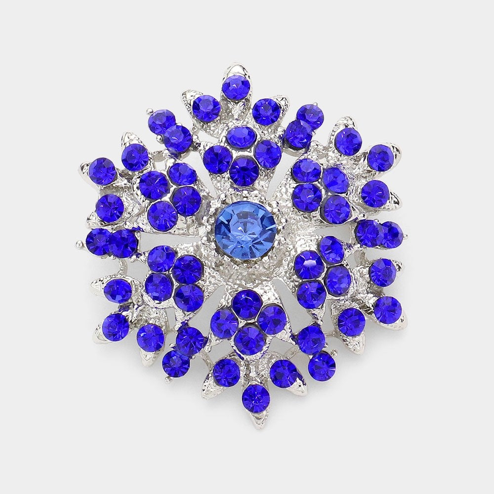 2 PCs Sparkling Crystal Flower Star Brooches Royal Blue & Fuchsia Pink Pins