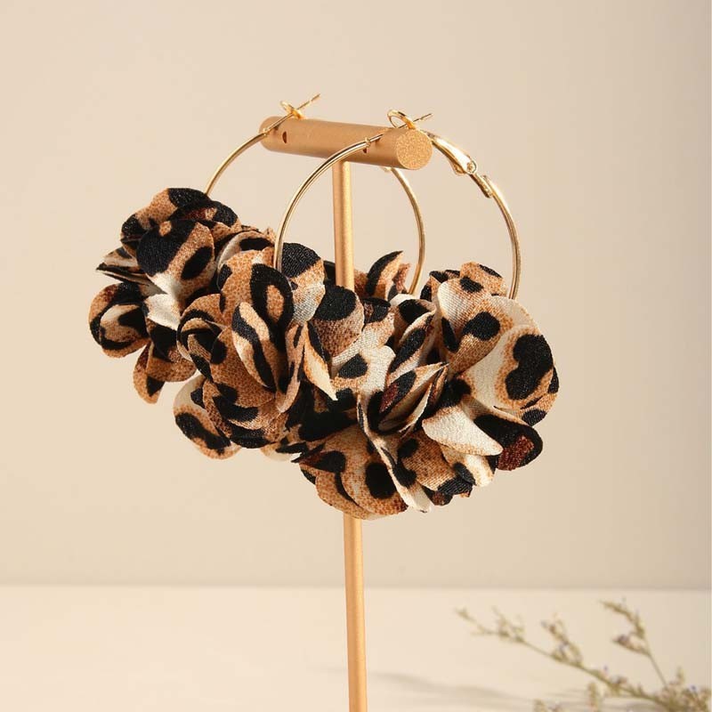 Leopard Print Flower Hoop Earrings Fabric Cluster Oversized Statement Jewelry