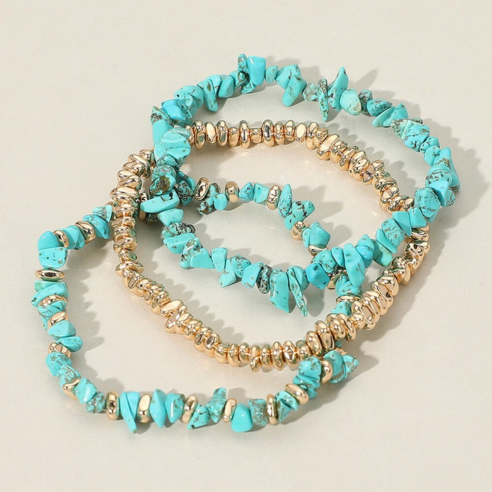 3PCS Natural Stone Beaded Stretch Bracelets Multi Layered Metal Accent Stackable