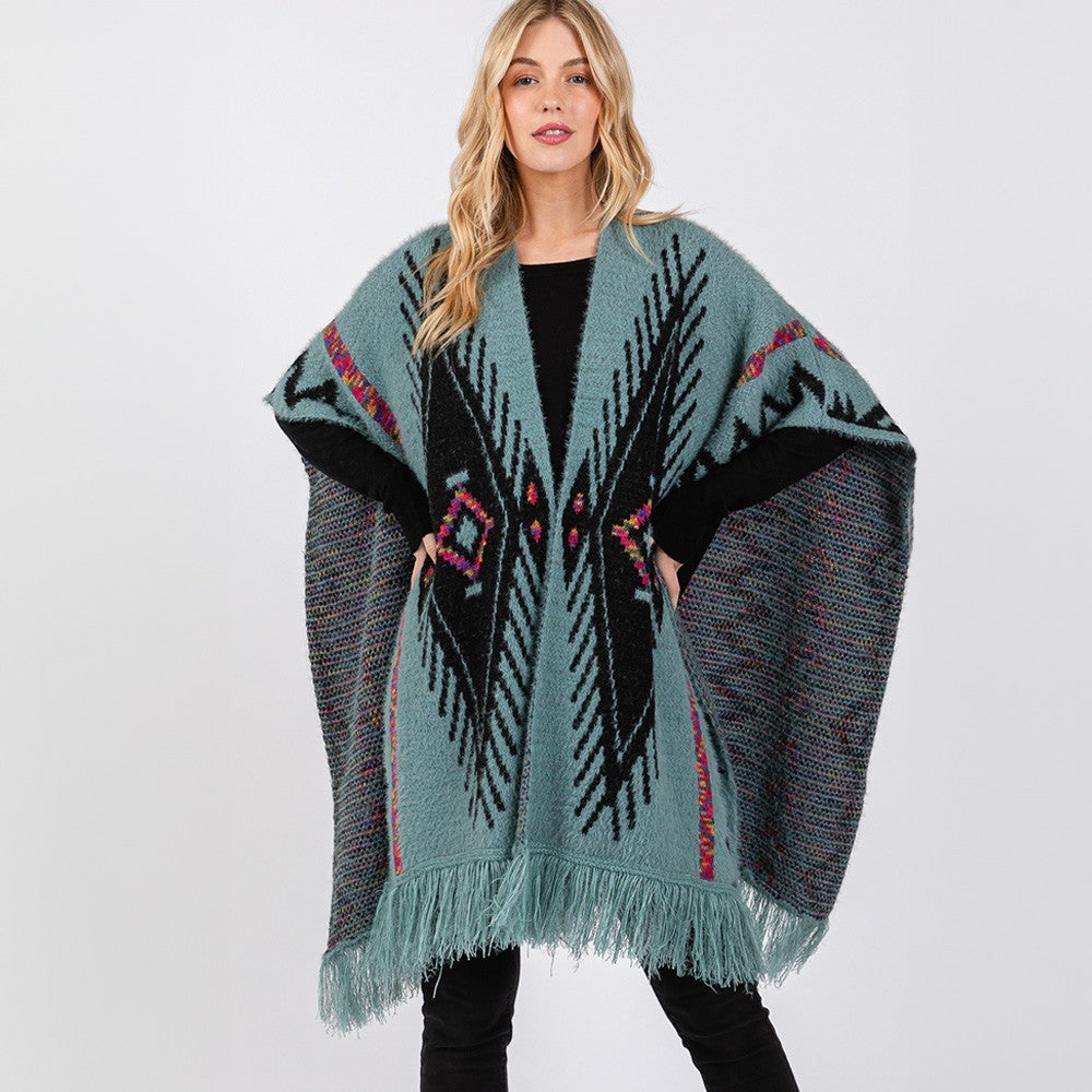 Fuzzy Aztec Pattern Tassel Knit Ruana Poncho Shawl Cape Wrap for Women