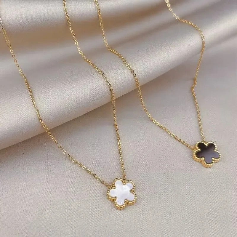 2-in-1 Set! Black & White Clover Flower Necklaces Gold Stainless Steel Jewelry