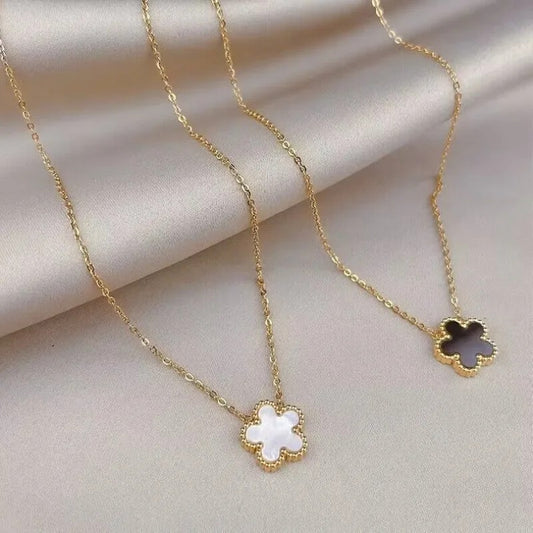 2-in-1 Set! Black & White Clover Flower Necklaces Gold Stainless Steel Jewelry