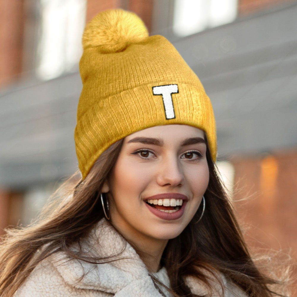 Women's One Size "T" Initial Monogram Faux Fur Pom Pom Knit Beanie Winter Hat
