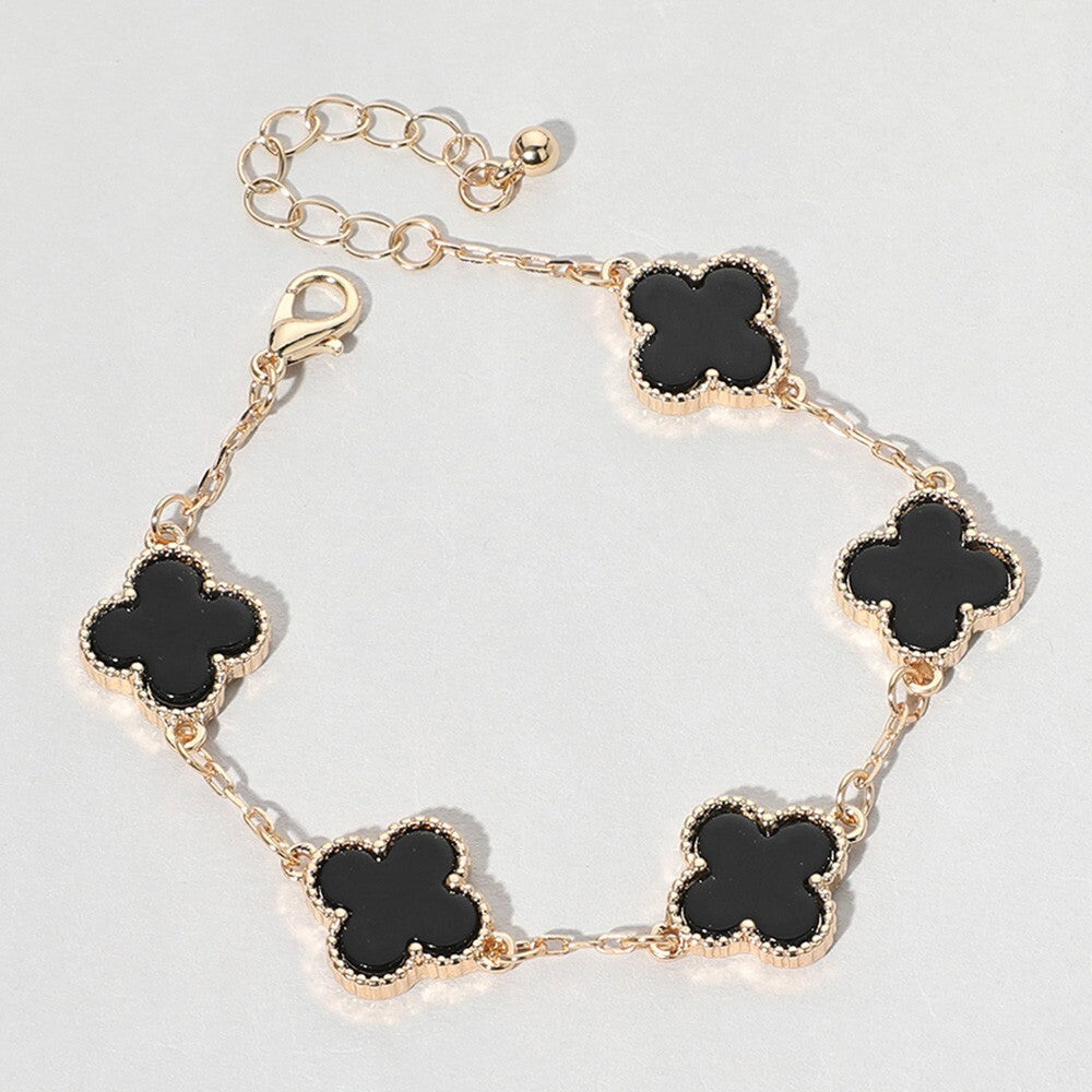Gold Quatrefoil Link Bracelet Black Enamel Charm Adjustable Chain Jewelry