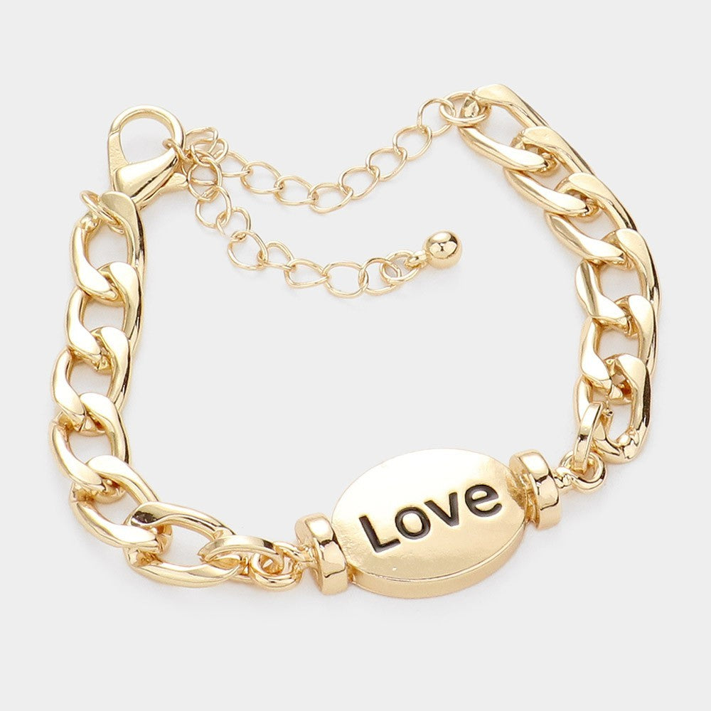 Gold Tone Chain Link "Love" Charm Bracelet 2PCS Set Couple Gift Jewelry Bracelet