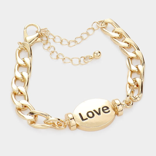 Gold Tone Chain Link "Love" Charm Bracelet 2PCS Set Couple Gift Jewelry Bracelet
