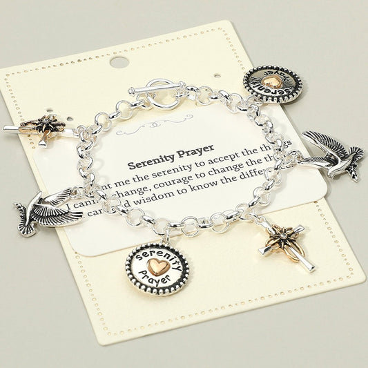 2PCS Serenity Prayer Dove Cross Charm Bracelet Silver Tone Inspirational Gift