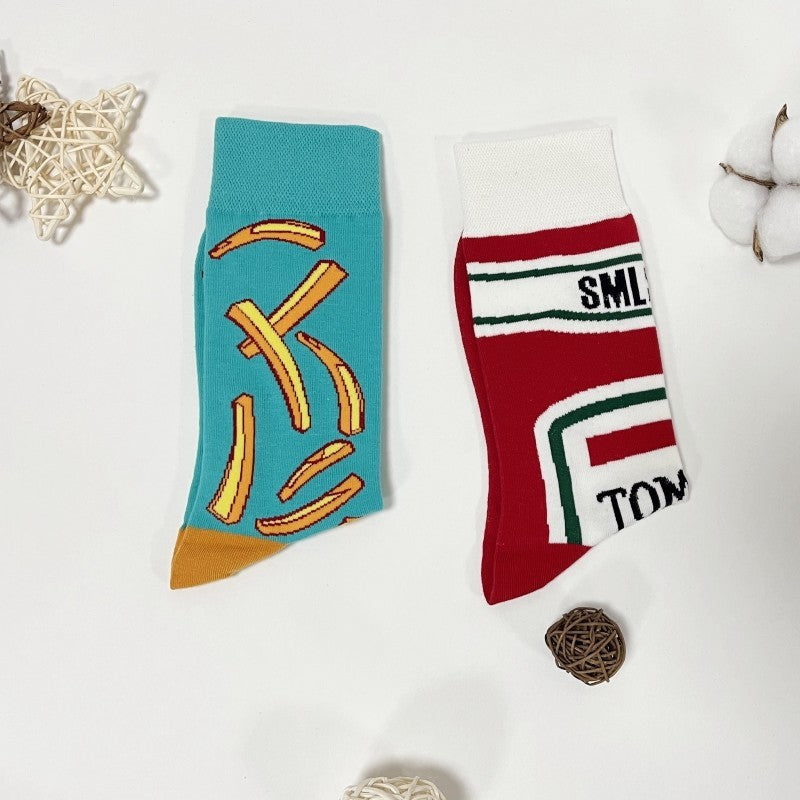 Fun Mismatched Socks French Fries and Ketchup Bottle Print Colorful Novelty Crew