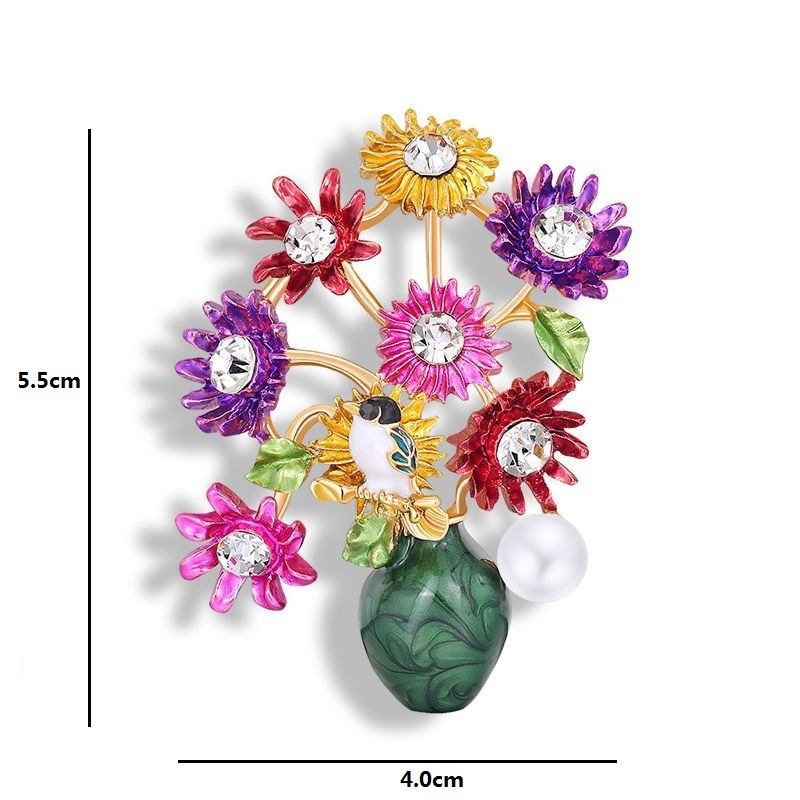 Colorful Enamel Flower Vase Bird Rhinestone Pin Brooch Crystal Statement Gift