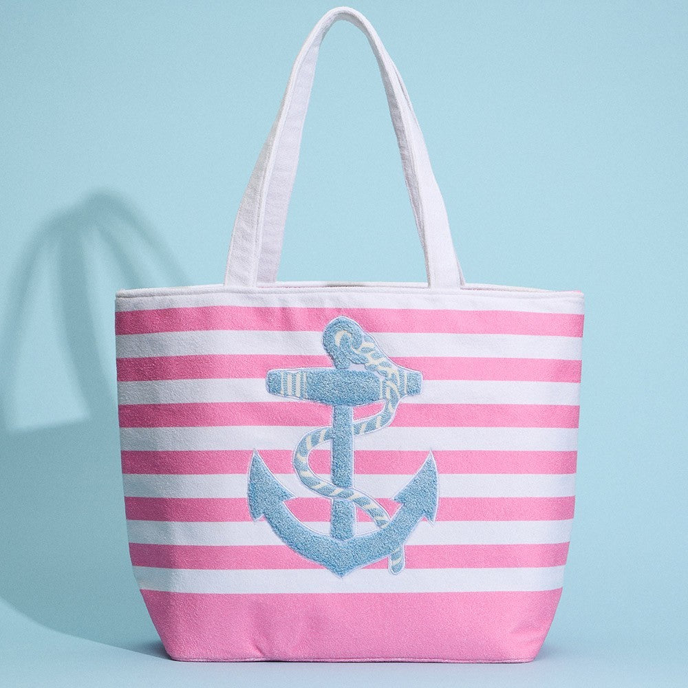 Pink and White Striped Anchor Beach Tote Bag with Rope Design for Women